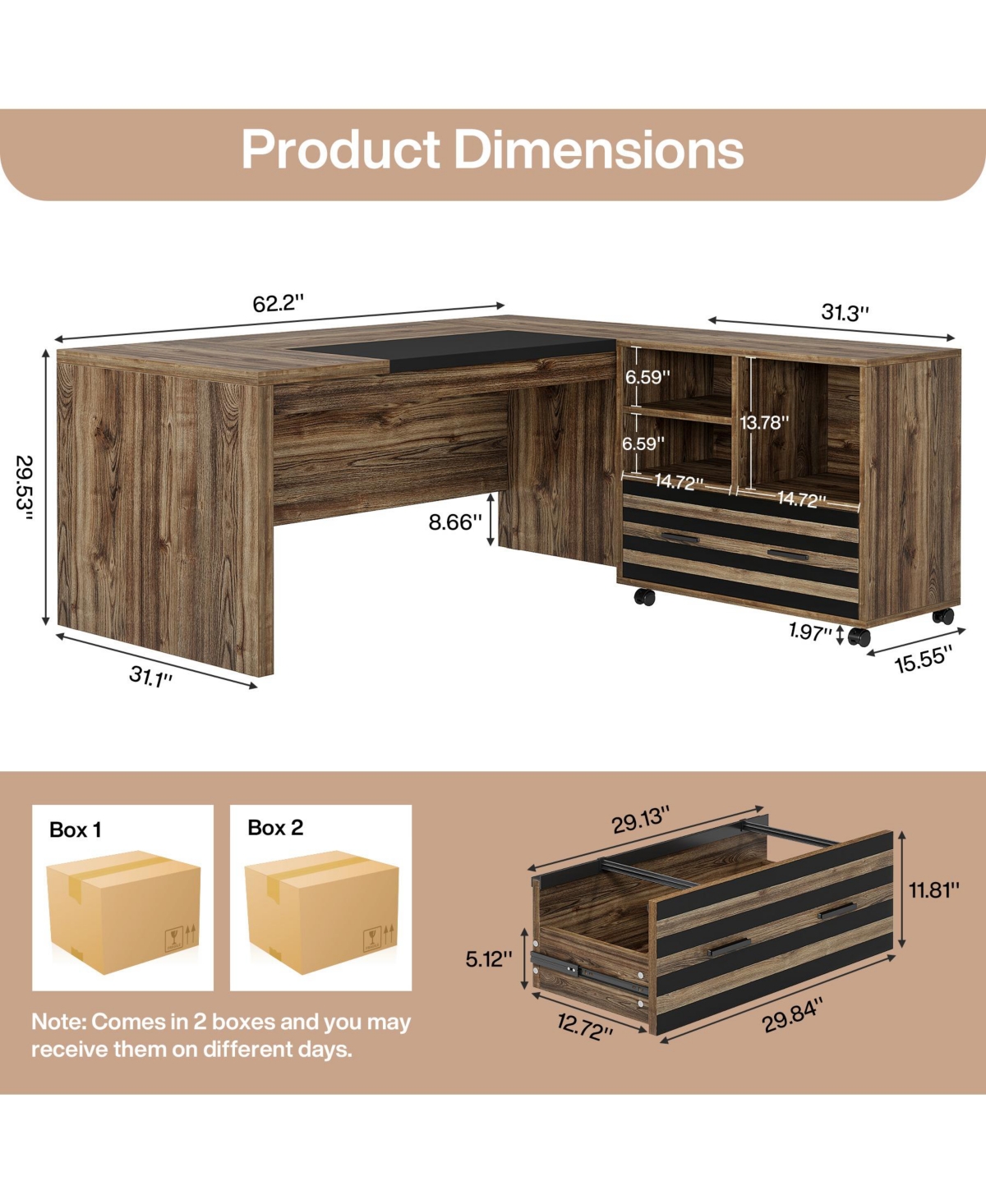 Tribesigns 62.2" Executive Desk with Mobile File Cabinet, L-Shaped Office Storage Shelves, Large Computer Table Business Workstation Set