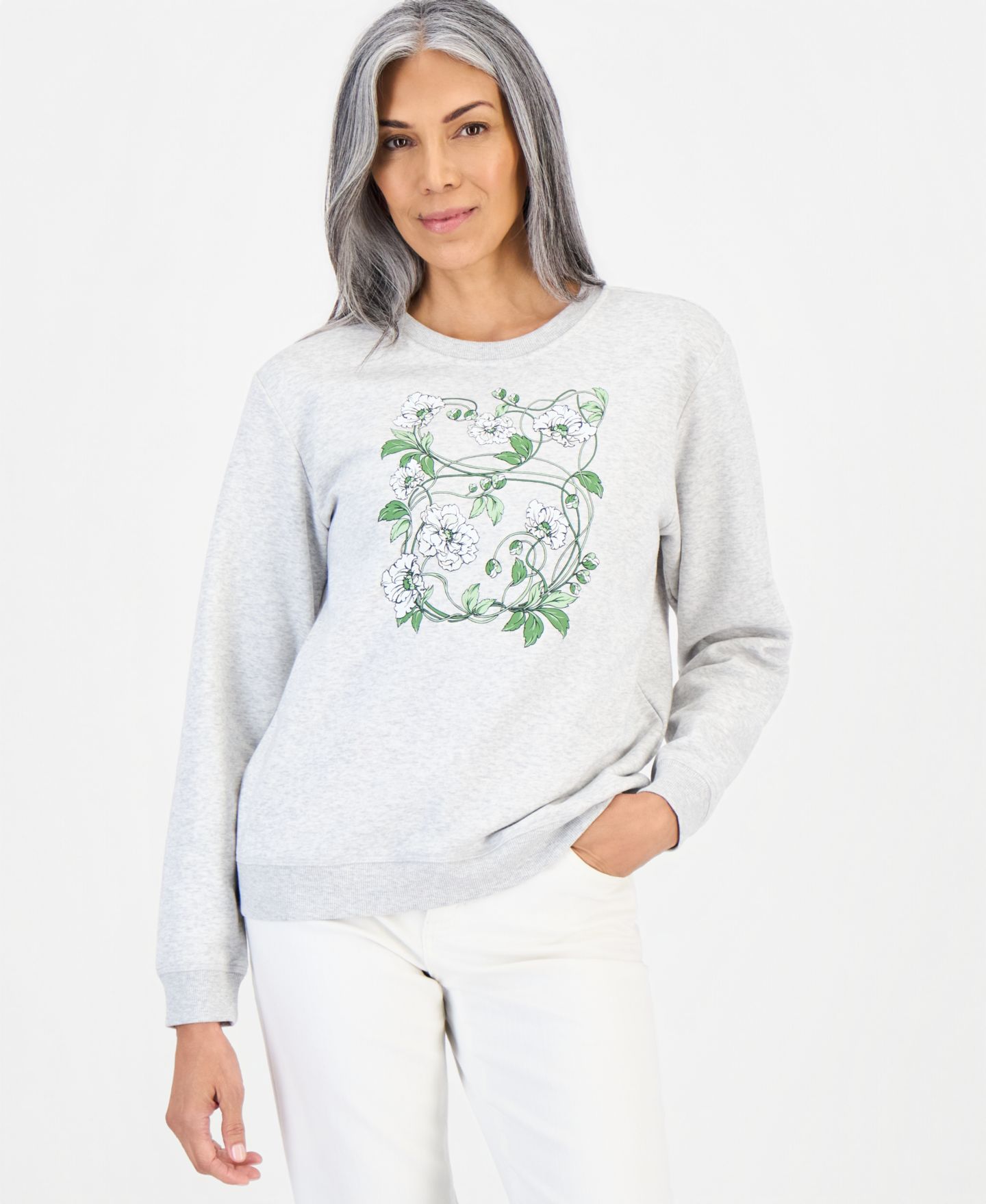Женский свитшот Style & Co Windflora Fleece Graphic Crewneck, цвет: Сланцевый меланжевый — фото 1