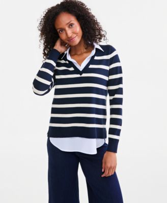 Women's Two-Fer Striped V-Neck Sweater