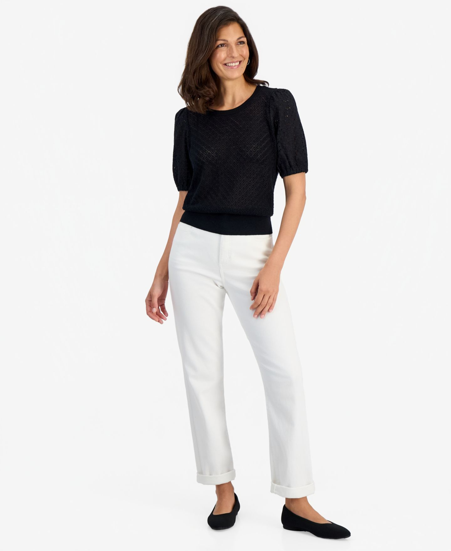 Женский свитер Style & Co Mixed-Media Pointelle Short-Sleeve, цвет: Глубокий чёрный — фото 3