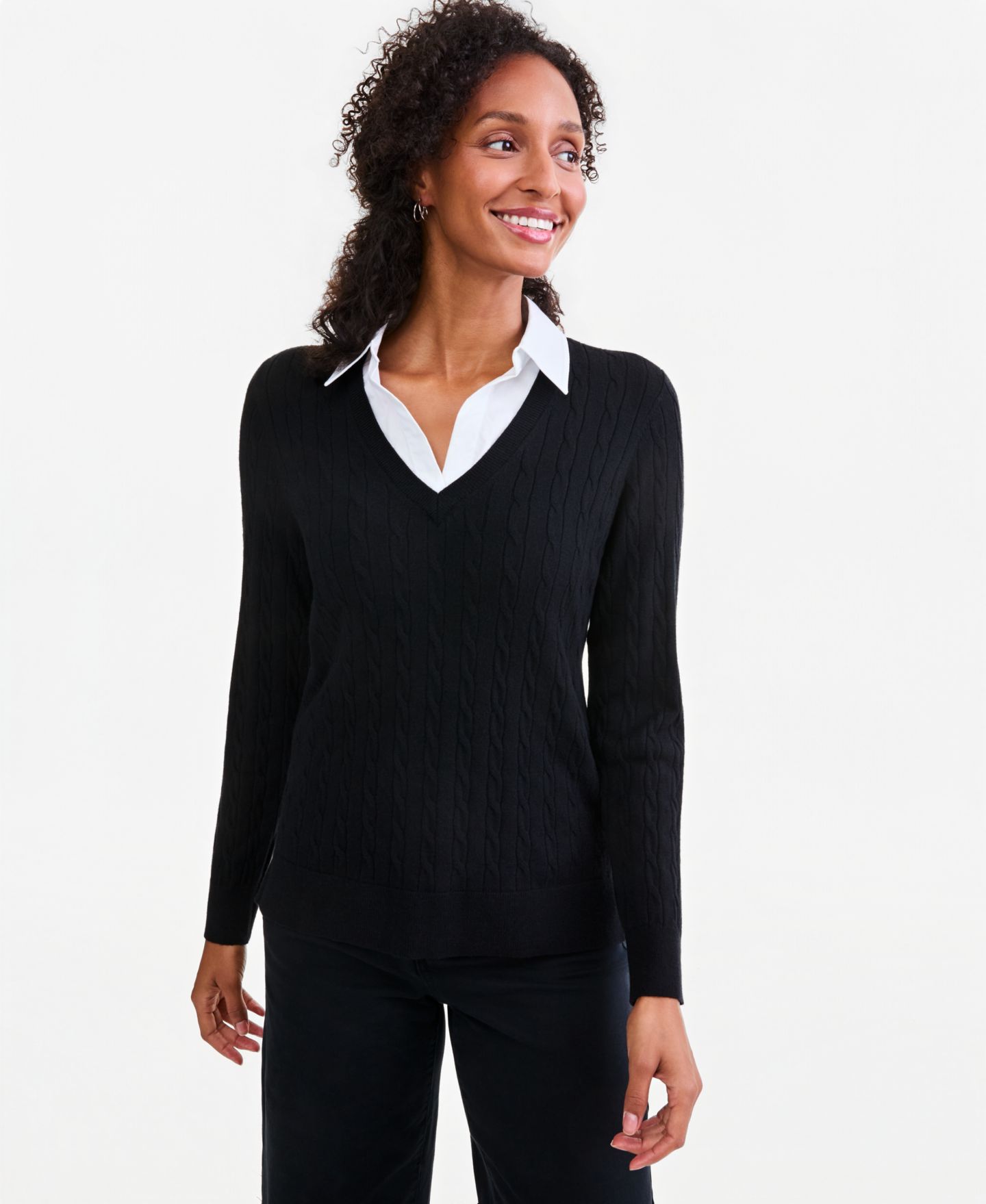 Женский свитер Style & Co Two-Fer Cable-Knit Collared, цвет: Глубокий чёрный — фото 1