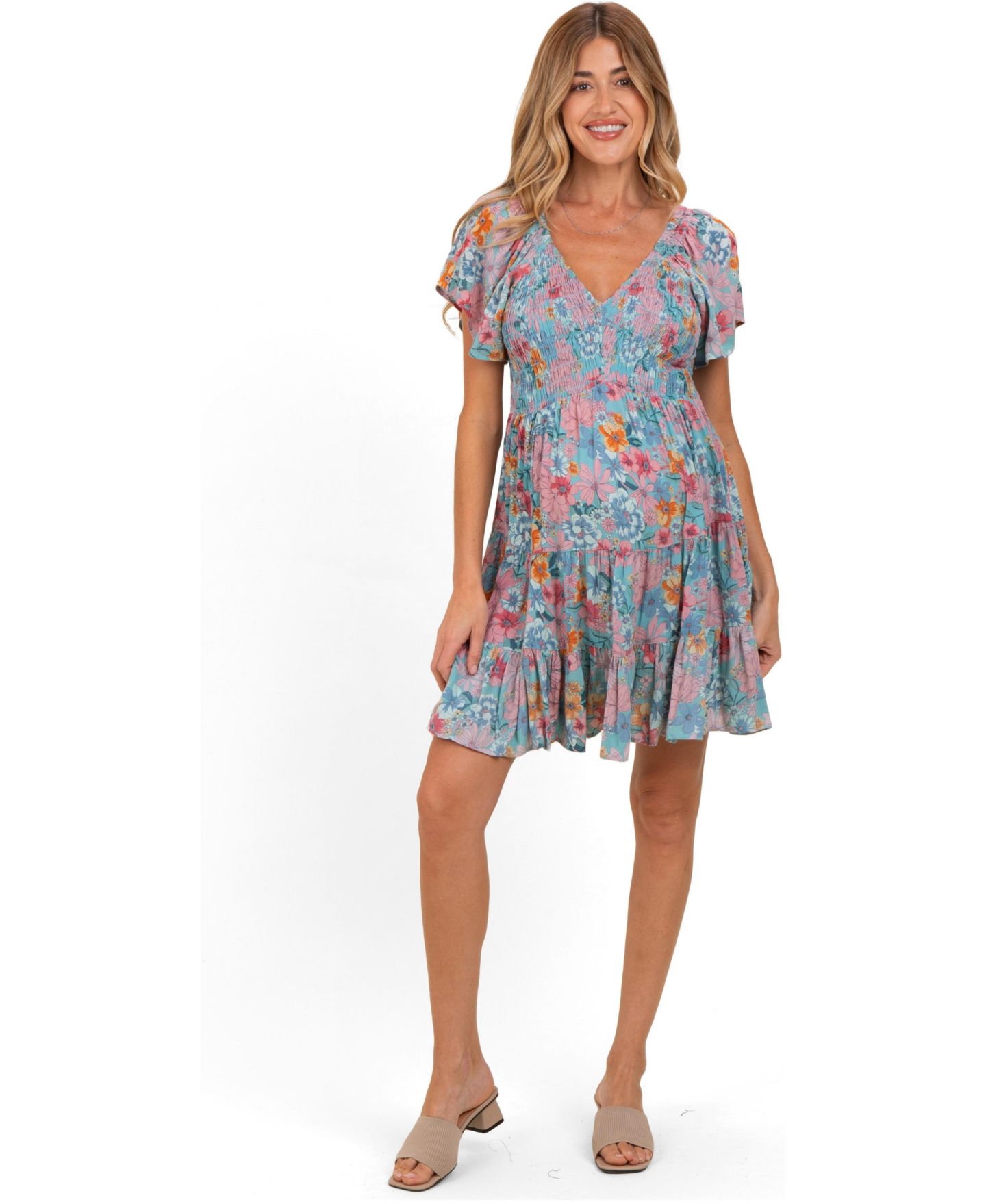 Женское платье Pinkblush Teal V Neck Smocked Bust Short Sleeve Short, цвет: Бирюзовый — фото 2