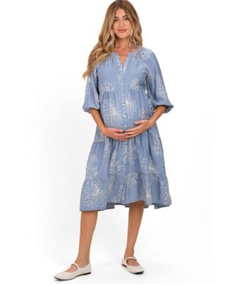 Women's Blue Embroidered Tiered Midi Shirt Dress