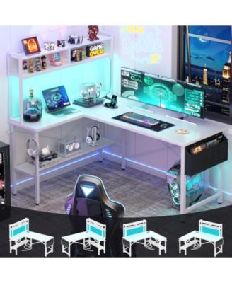 Reversible L Shaped Gaming Desk with Power Outlet and LED Lights, Corner Desk with Hutch and Monitor Stand