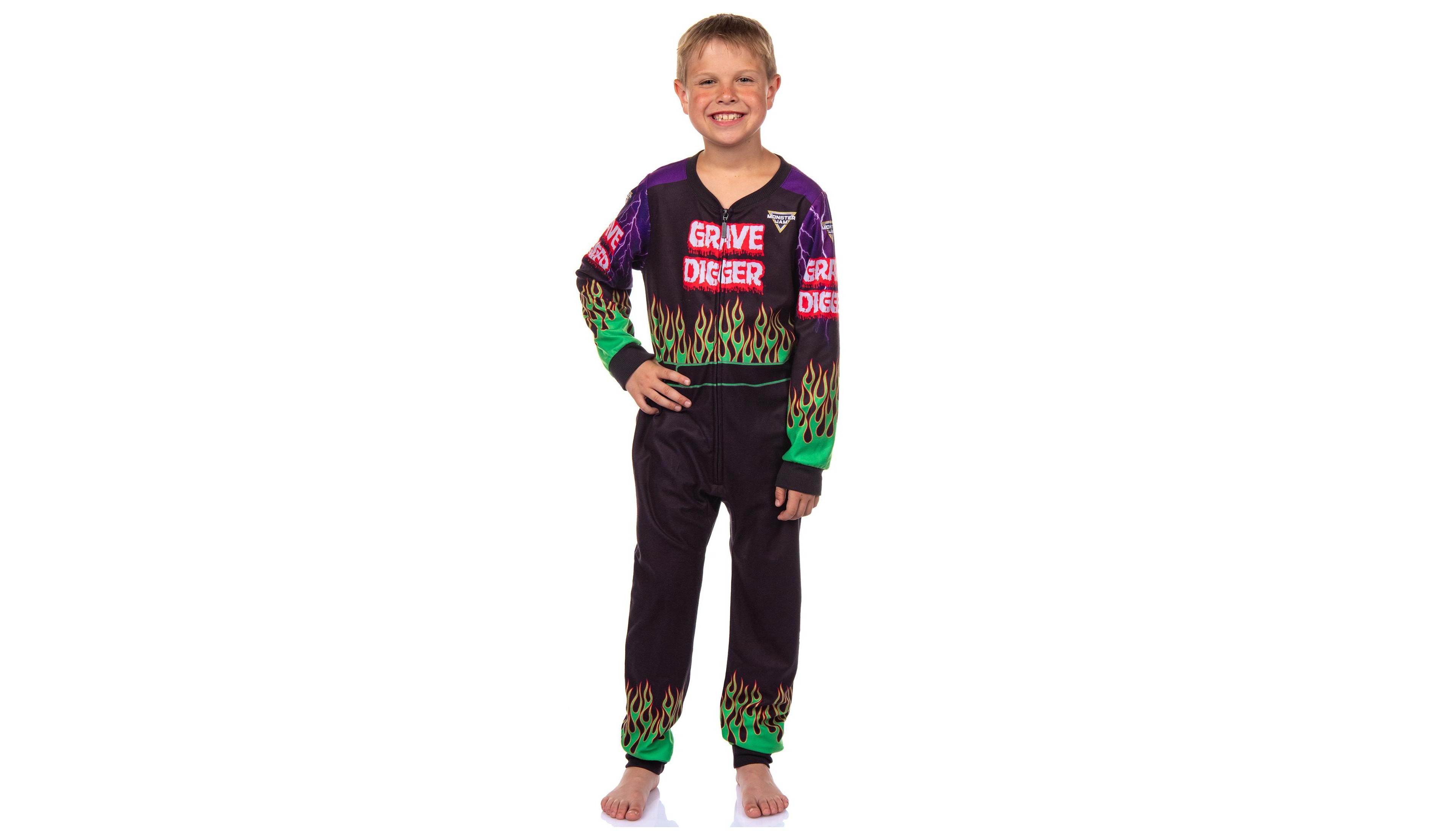 Monster Jam Grave Digger Boys' Union Suit Kids Fleece Truck One Piece Pajamas