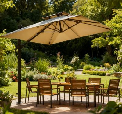 Outdoor Umbrellas,Offset Hanging Umbrella,Solar LED Cantilever Umbrella,with 360&deg;Rotation,Cross Base,Ribs,Tilt and Crank