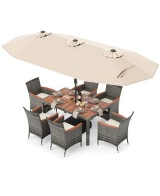 8-Piece Outdoor Wicker Dining Furniture with 13.5 Ft Double-Sided Patio Umbrella