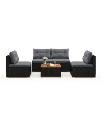 5-Piece PE Rattan Conversation Set with Acacia Wood Table and Cushions