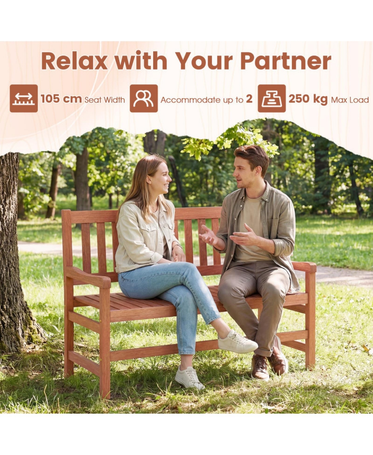 Gouun 44 In 2-Seat Outdoor Loveseat Bench with Inclined Backrest Solid Wood Build