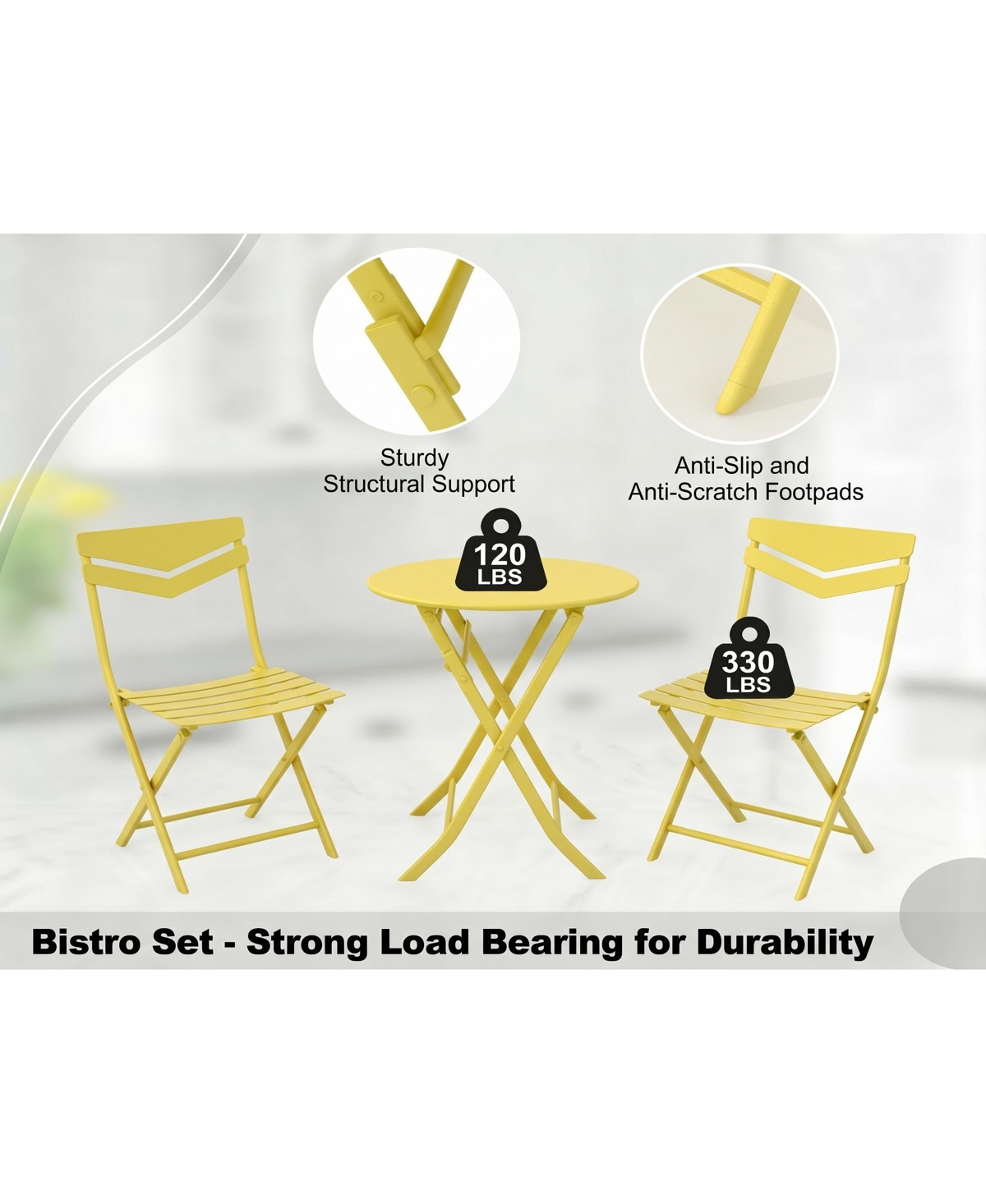 gaomon 3-Piece Folding Patio Bistro Set with Round Table and 2 Chairs, Space-Saving Metal Outdoor/Indoor Furniture for Balcony, Porch