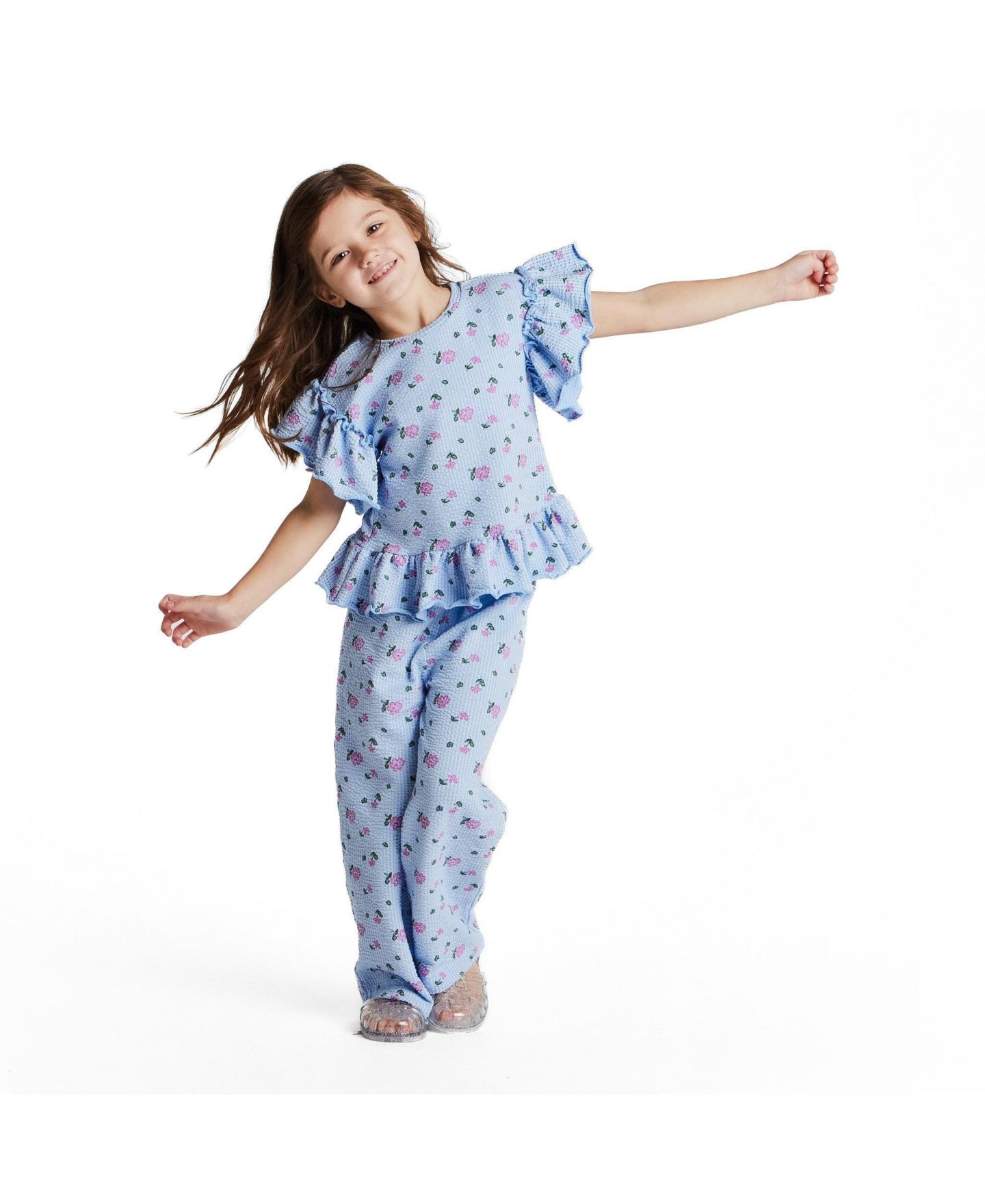 Комплект Andy & Evan 6 Floral Print Knit Seersucker Top and Pant Set для девочек, цвет: Синий — фото 3
