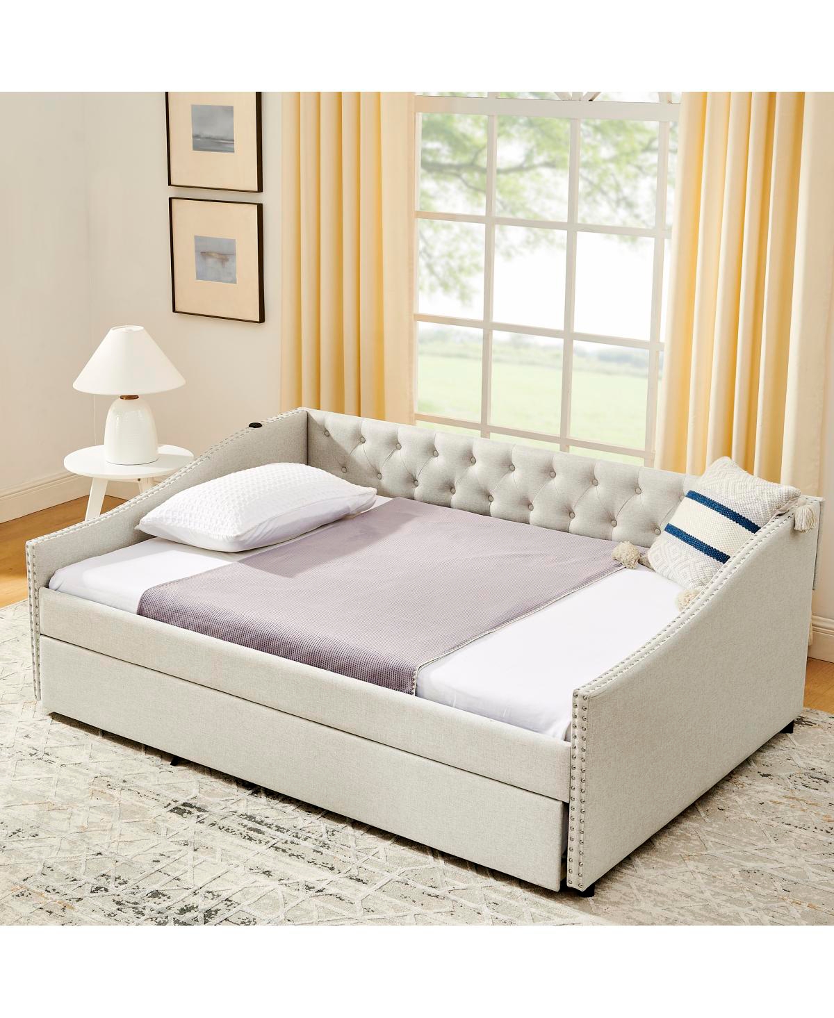 Streamdale Furniture Full Size Daybed with Pull-out Twin Bed Usb Charging and Button-Tufted Arms