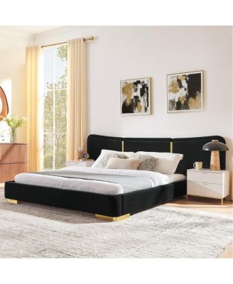  Queen Size Extra Large Chenille Platform Bed with Curved Headboard