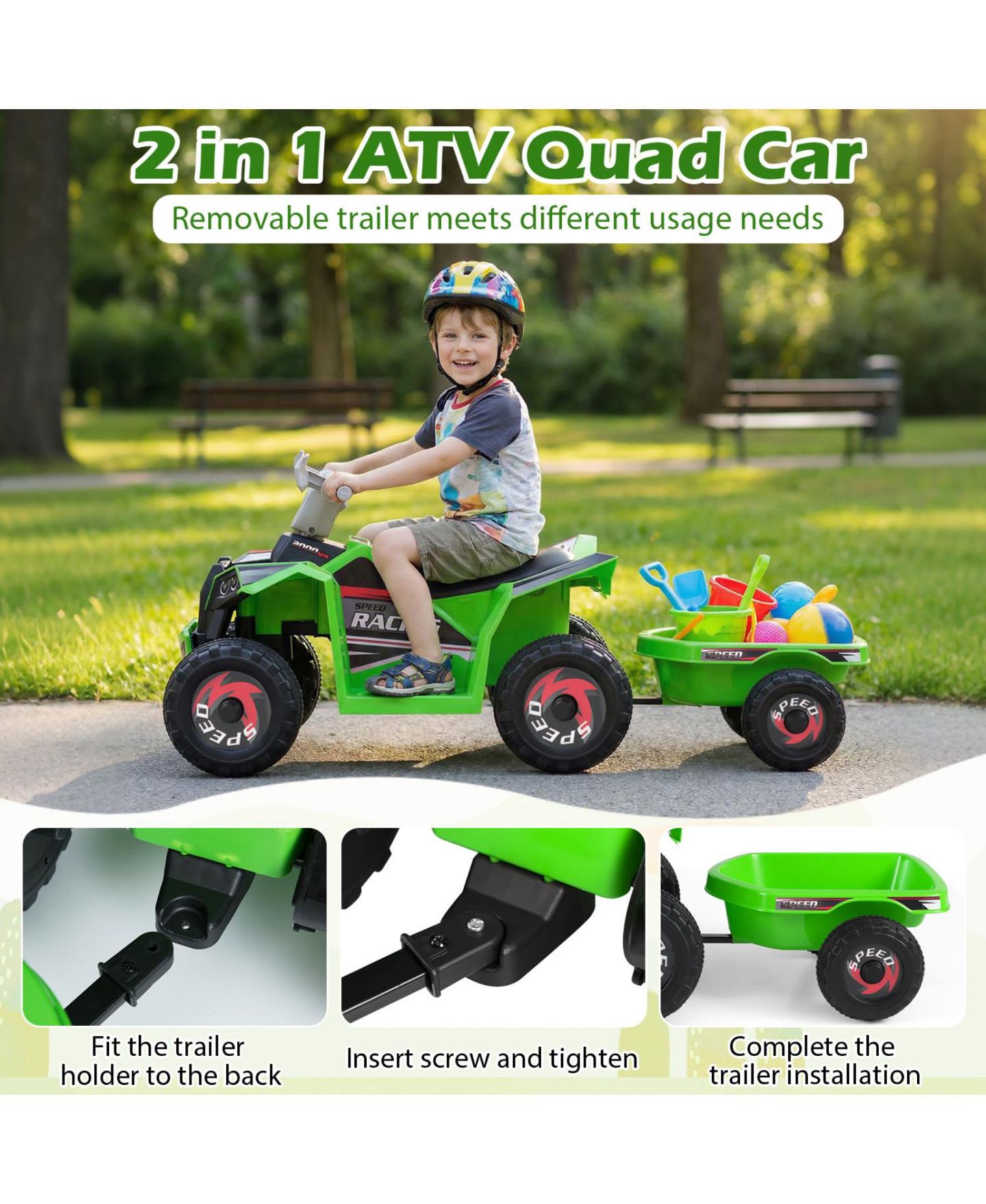 Детская игрушка Mecale 6V Kids Electric ATV Quad with Detachable Trailer, 66-lb Capacity, цвет: Зелёный — фото 6