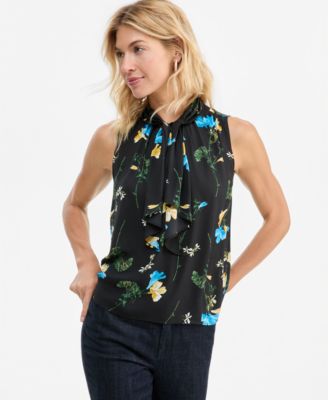 Women's Sleeveless Floral-Print Ruffle Front Blouse