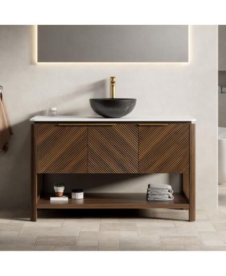 30" Modern Bathroom Vanity with Vessel Sink, Sintered Stone Countertop, Soft Close Solid Wood 3D Doors, Open Shelf Storage