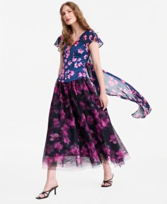 Women's Flutter-Sleeve V-Neck Bustier Top & Floral-Print Tulle Midi Skirt
