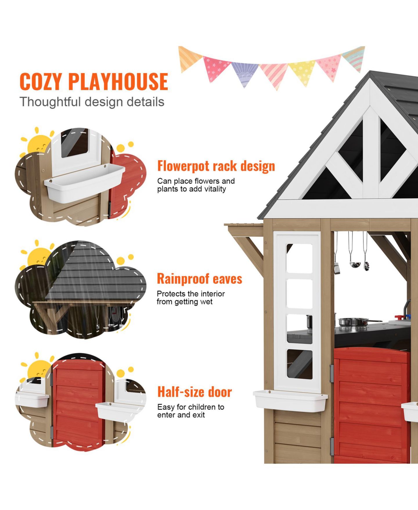 Детская игрушка VEVOR Outdoor Wooden Playhouse with Kitchen Sink, 55.24"L x 49.61"W x 65.35"H, Ages 2-8 — фото 3