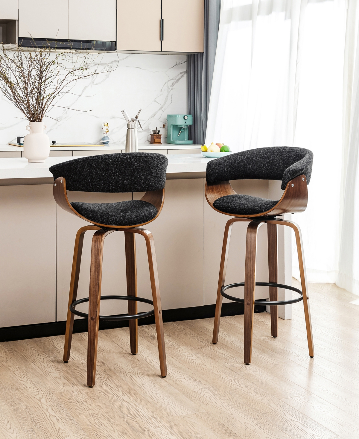 Glitzhome Mid-Century Modern Fabric Swivel Bar Stool, Set of 2