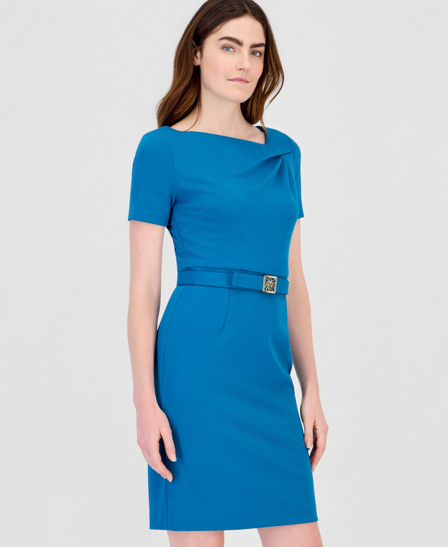 Petite Short-Sleeve Pleated Asymmetrical-Neckline Dress