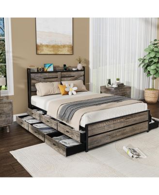  Queen Bed Frame with Storage Headboard and 12 Drawers Metal Platform