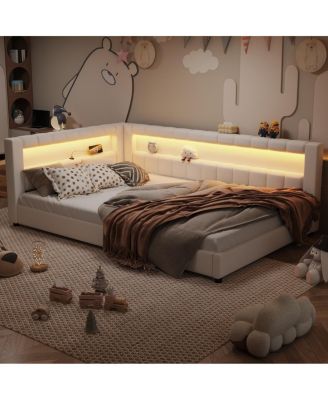 Upholstered Platform Bed with USB Ports and LED Belt Cream