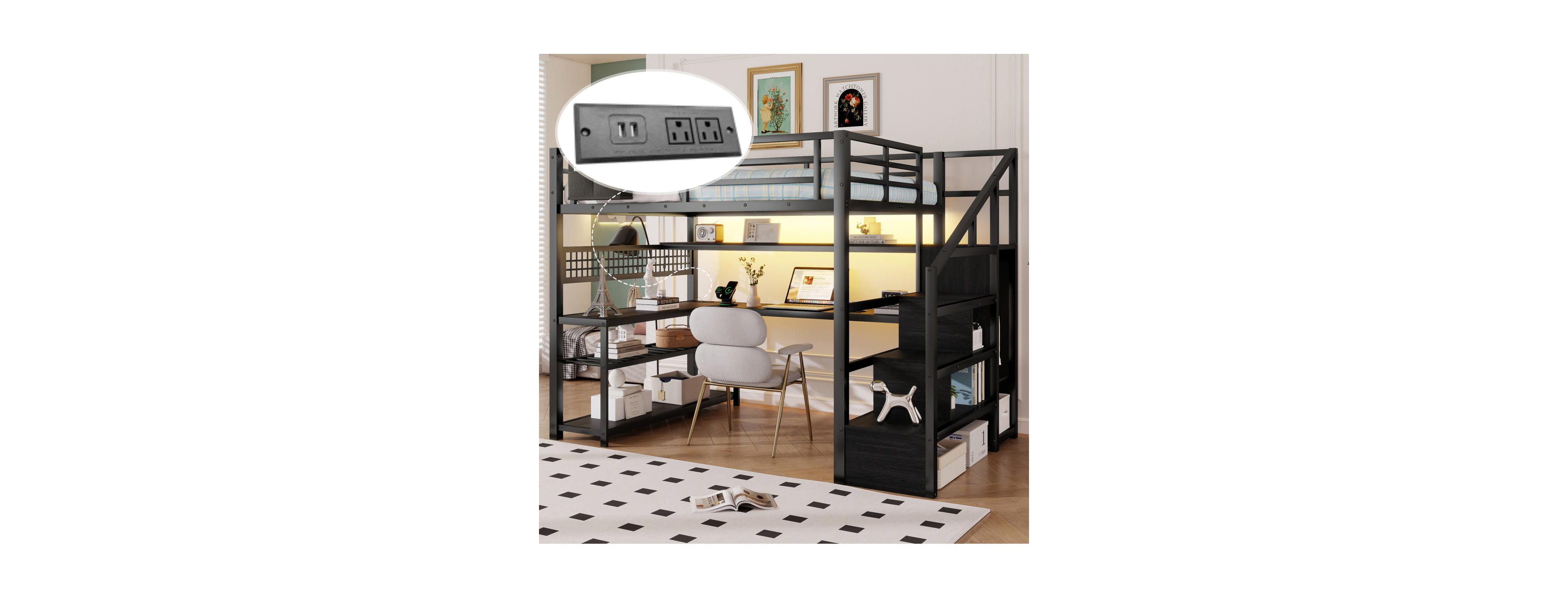 Streamdale Furniture Metal Loft Bed with Staircase Wardrobe Desk and Led Lights
