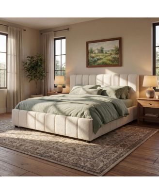 King Size Boucle Upholstered Bed Frame with Thick Headboard