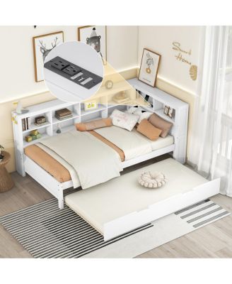 Wooden Twin Daybed with Trundle Storage Shelf and USB Ports