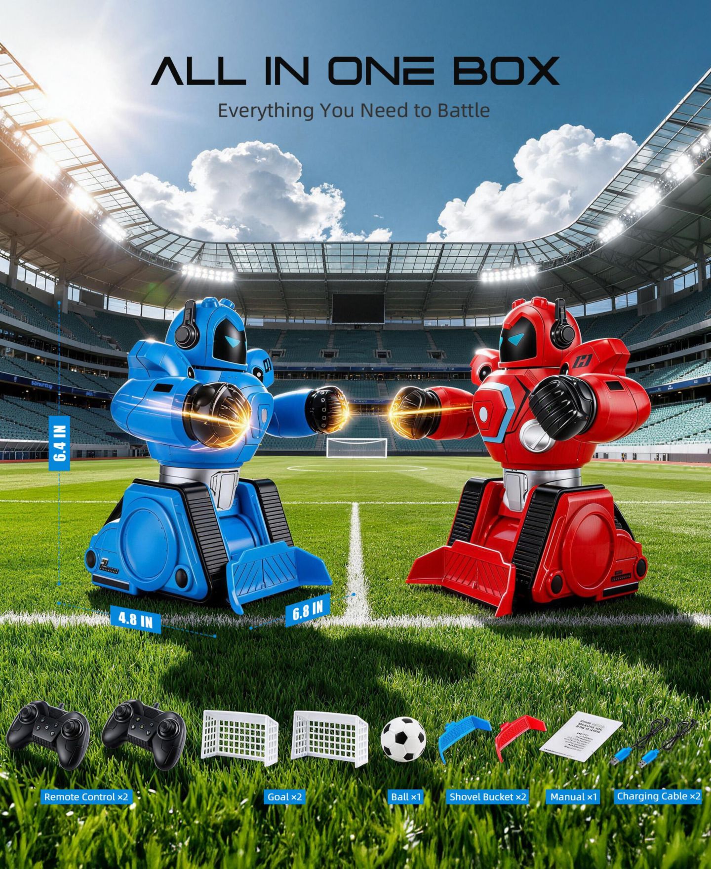 Детские игрушки SUGIFT 2-Pack Remote Control Fighting Robots, RC Boxing and Soccer Battle Set with LED Lights, 360degree(s) Movement, цвет: Синий / Красный — фото 5