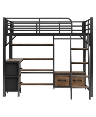  Full Size Metal Loft Bed with Desk Storage Shelves Wardrobe and Drawers