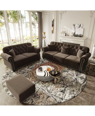 Velvet Chesterfield Sofa with Nailhead Trim Rolled Arms and Ottoman