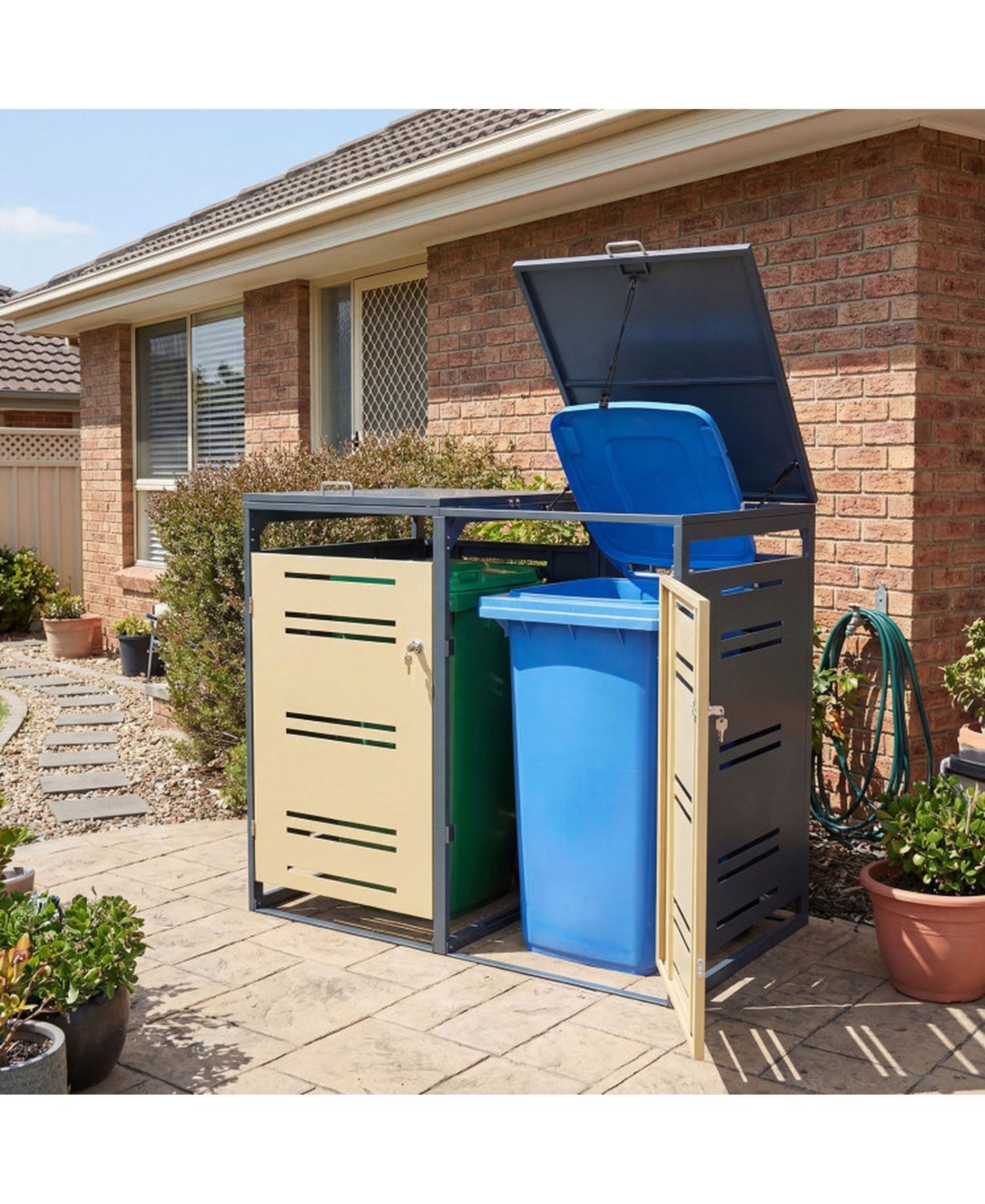Gouun Outdoor Galvanized Steel Garbage Bin Storage Shed for 2 Trash Cans-Yellow Trim