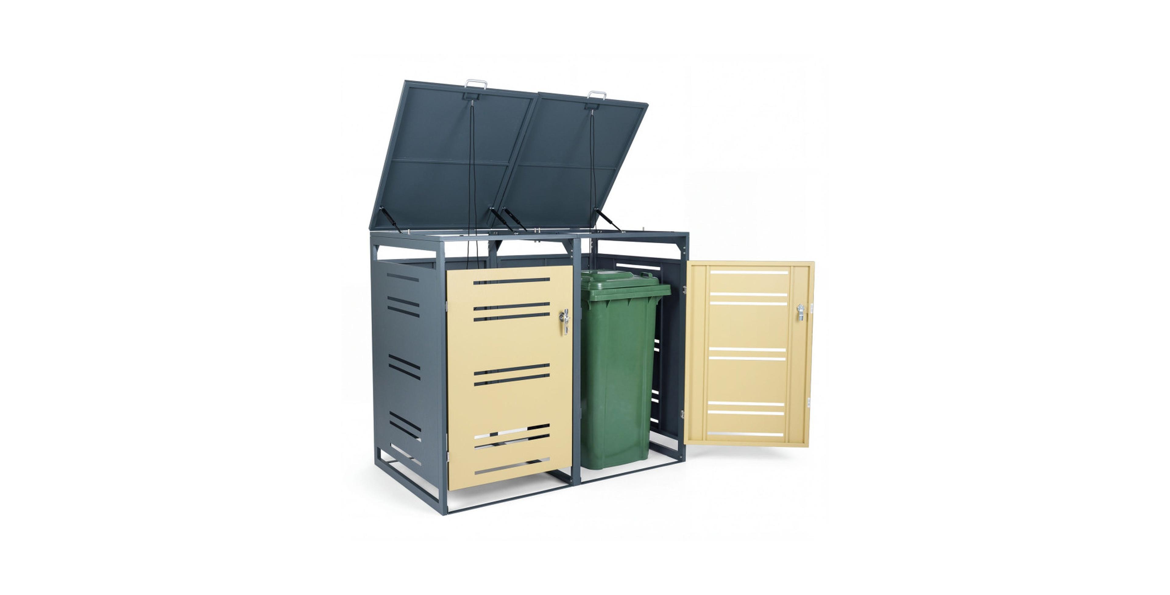 Gouun Outdoor Galvanized Steel Garbage Bin Storage Shed for 2 Trash Cans-Yellow Trim