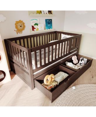  3-in-1 Solid Wood Convertible Toddler Bed with Storage Drawers Espresso