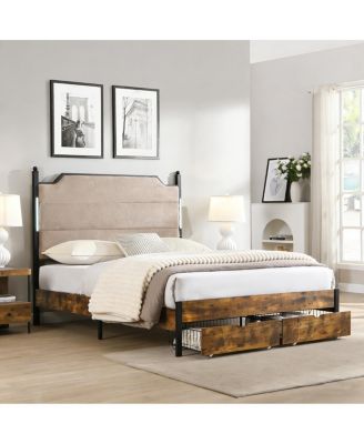 Upholstered Bed Frame with LED Lights Charging Station and 2 Drawers