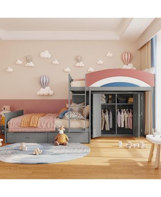 Full Size Offset Bunk Bed with Wardrobe Drawers and Upholstered Guardrail