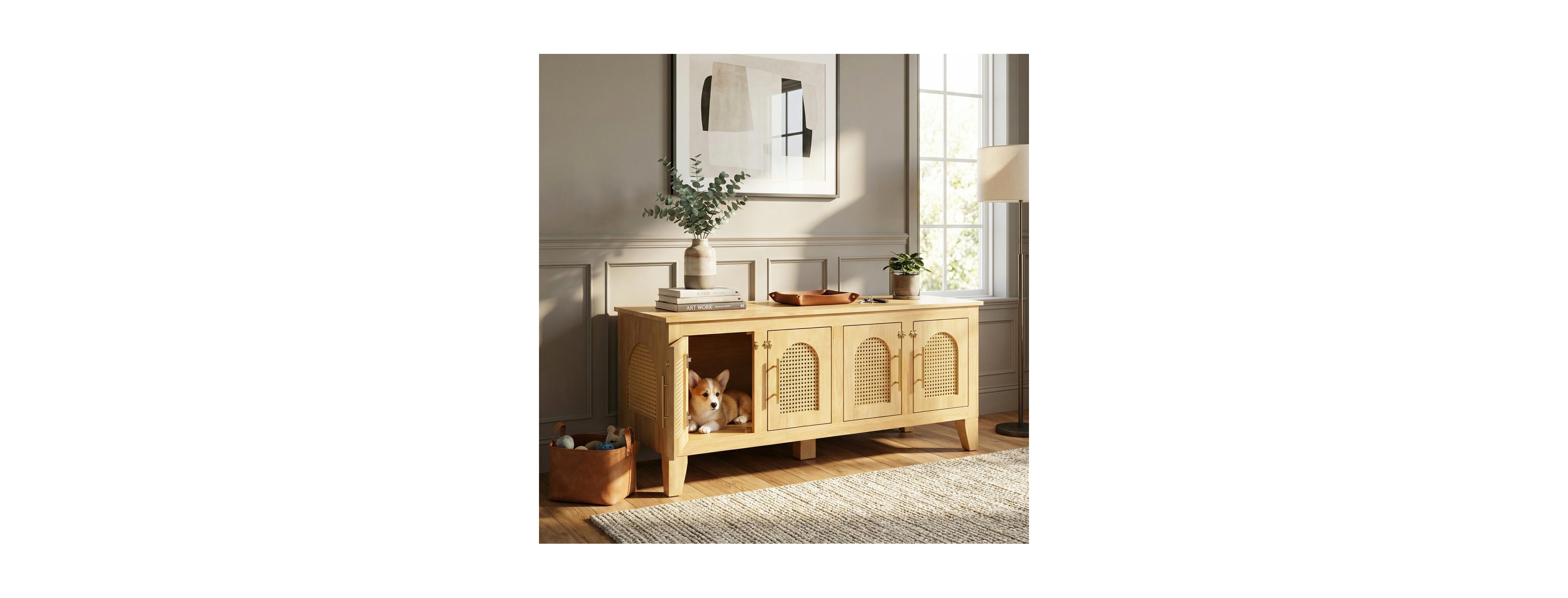 Streamdale Furniture Lars Rattan and Rubber Wood Dog Crate Cabinet with Storage