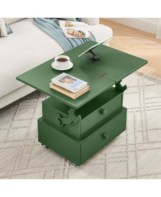 High-Gloss Adjustable Rolling End Table with Charging Station and Storage
