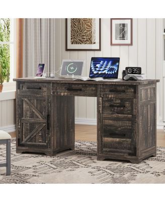 55'' Farmhouse Executive Desk with Charging Station 5 Drawers and Cabinet