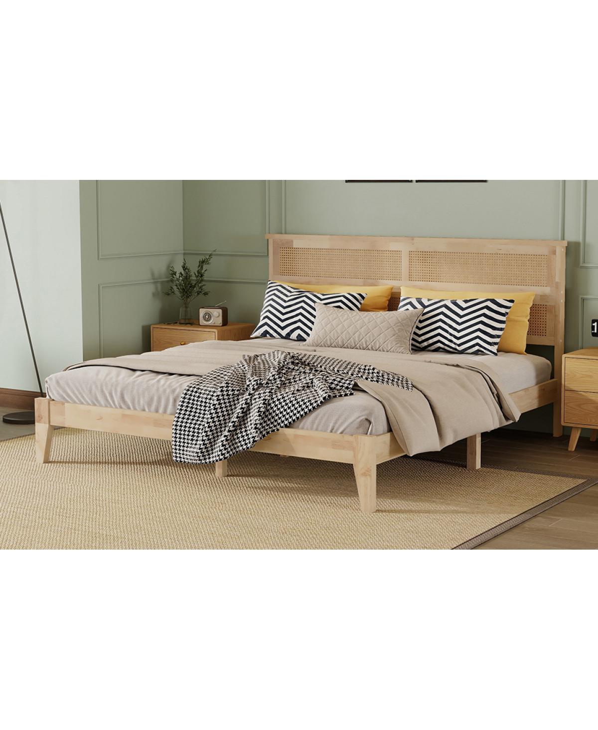 Streamdale Furniture King Size Solid Wood Bed with Rattan Headboard and Central Support