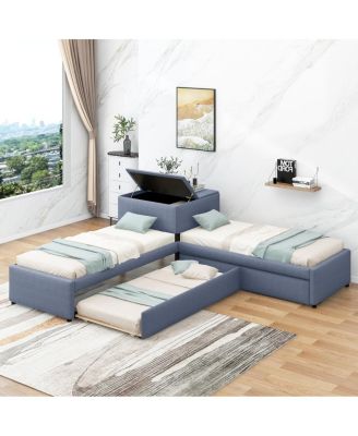  L-Shaped Twin Upholstered Platform Bed with Trundle Drawers