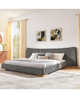 King Size Extra Large Chenille Platform Bed with Curved Headboard