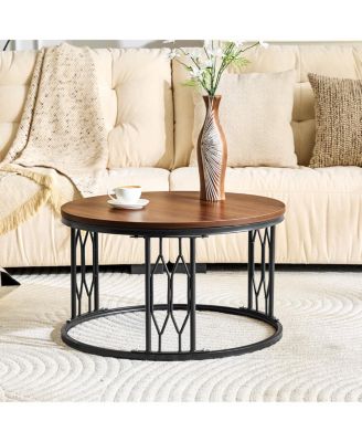  27.5'' Round Walnut MDF Coffee Table with Sturdy Metal Frame