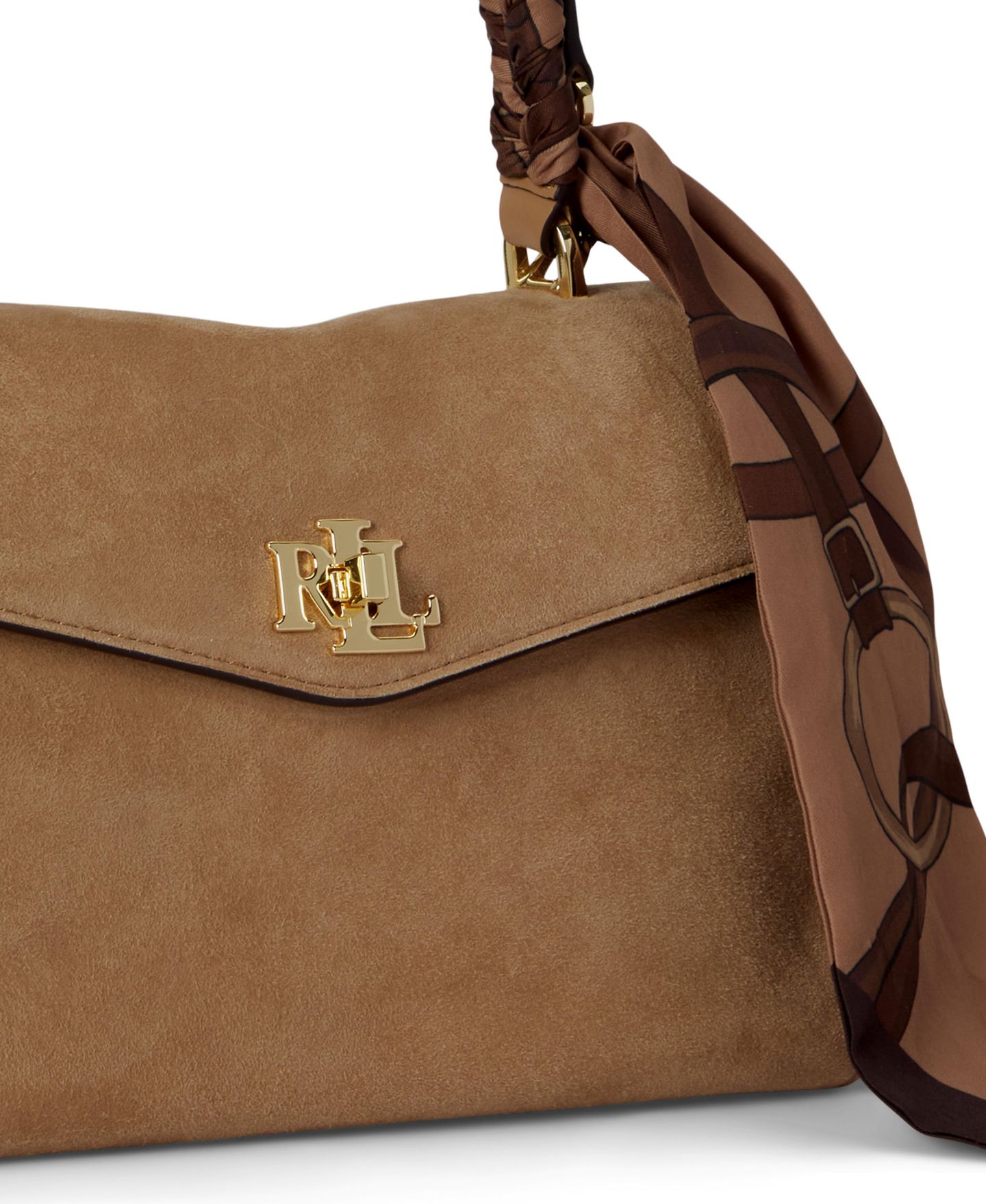 Женская сумка Lauren Ralph Lauren Farrah Suede Scarf Trim Small Soft Satchel, цвет: Верблюжий разноцветный — фото 6