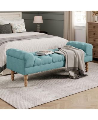 Button-Tufted Upholstered Ottoman Bench with Rolled Arms Dusty Teal