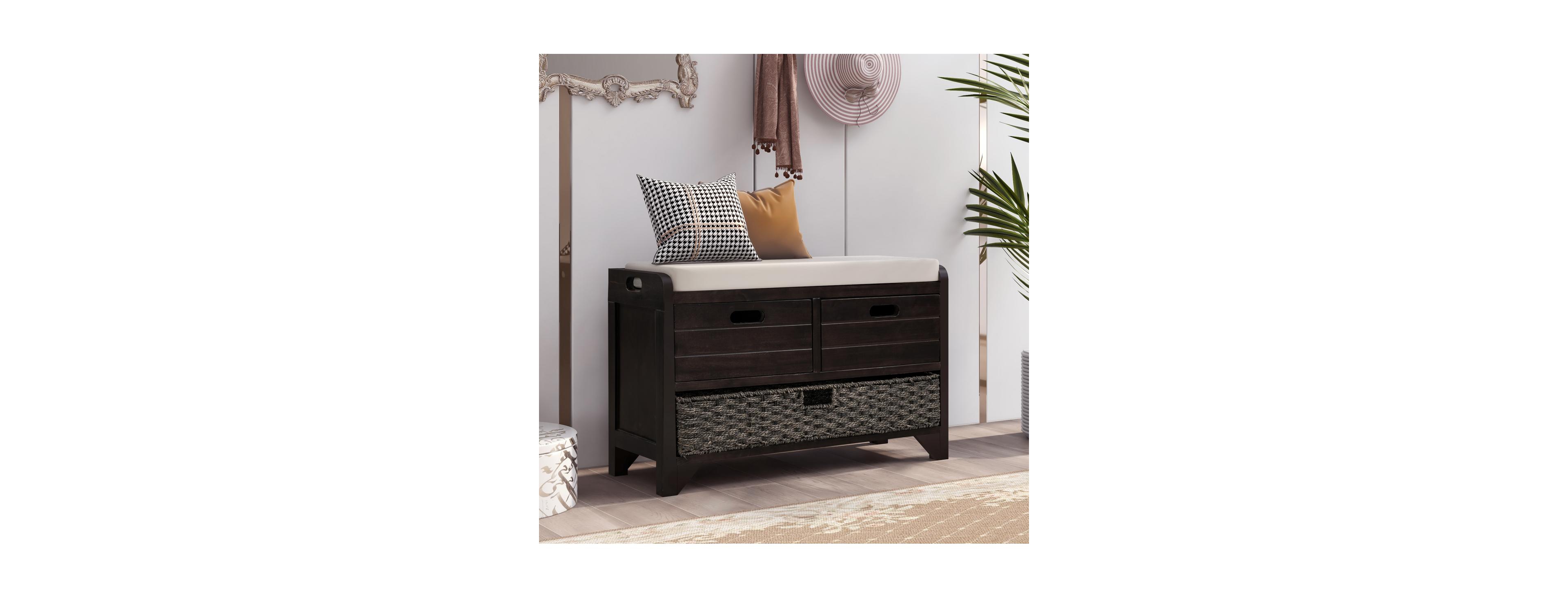 Streamdale Furniture Storage Bench with 2 Drawers Removable Basket and Cushion