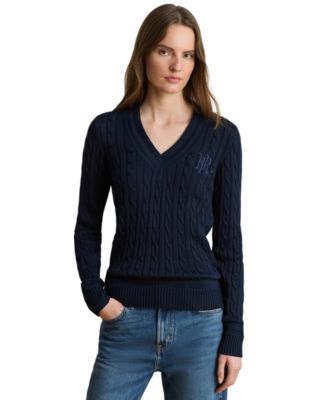 Petite Long-Sleeve V-Neck Cable Knit Sweater
