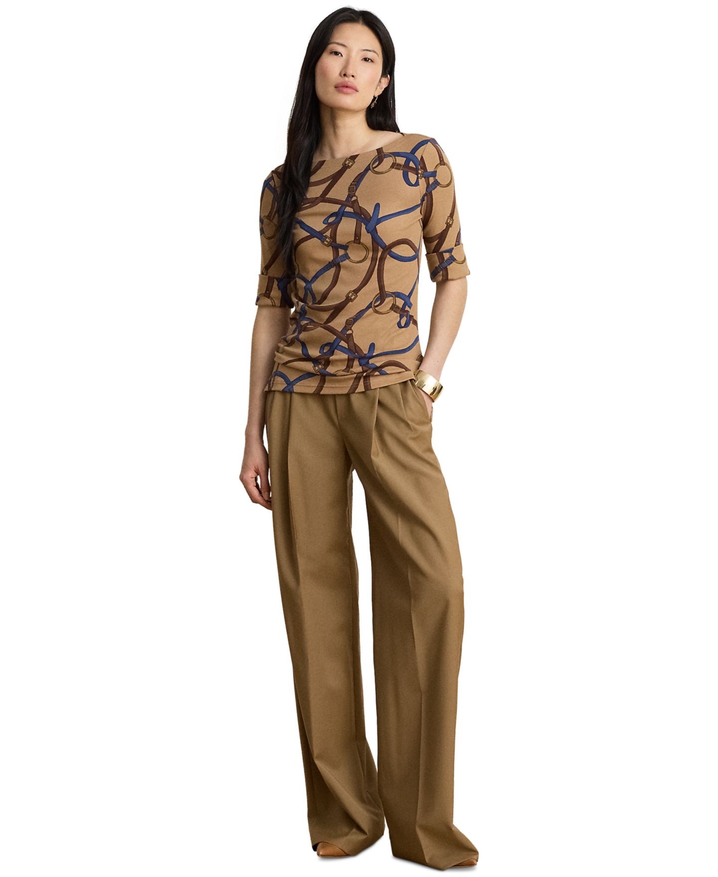 Женский топ Lauren Ralph Lauren Petite Belting Print Boat Neck, цвет: Верблюжий разноцветный — фото 6