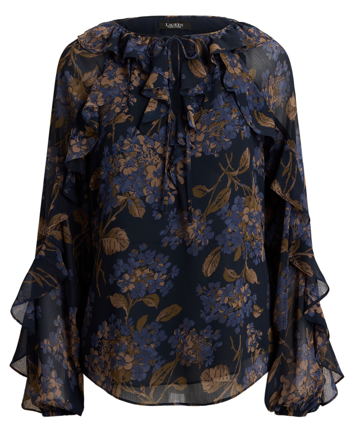 Женская блузка Lauren Ralph Lauren Petite Ruffle-Trim Long-Sleeve, цвет: Тёмно-синий разноцветный — фото 5